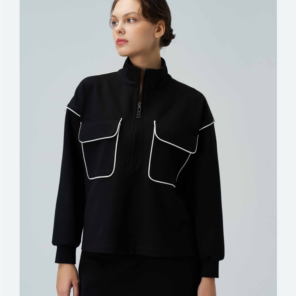 Black Zip-Up Jacket with White Piping